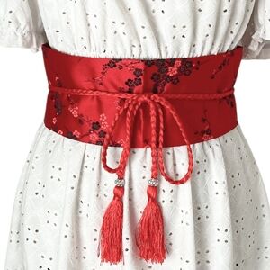 Boho floral embroidered Red Obi Corset belt Japanese asian wrap wide fabric